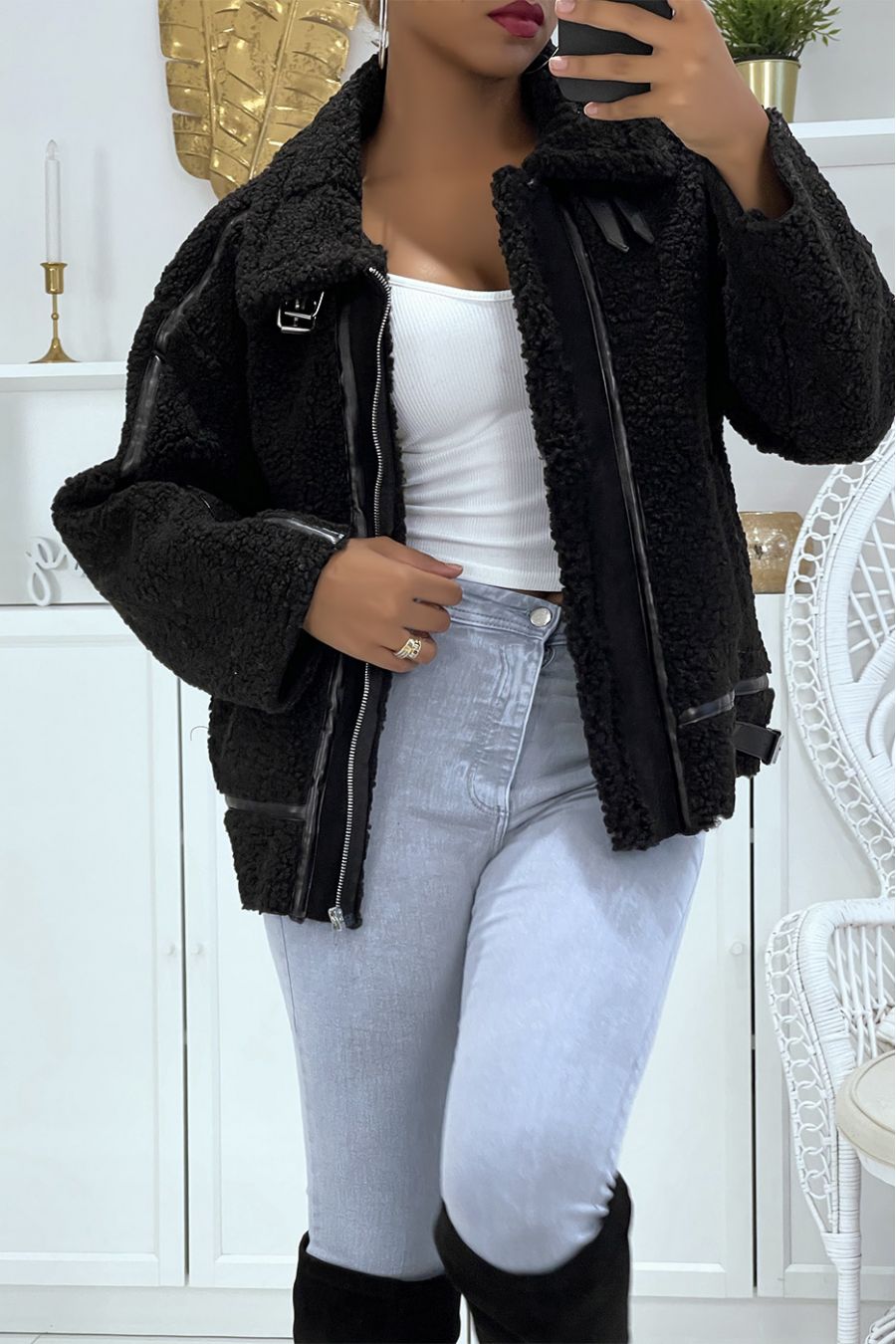 Black aviator style coats in fleece with pretty warm and soft imitation leather bands - 1