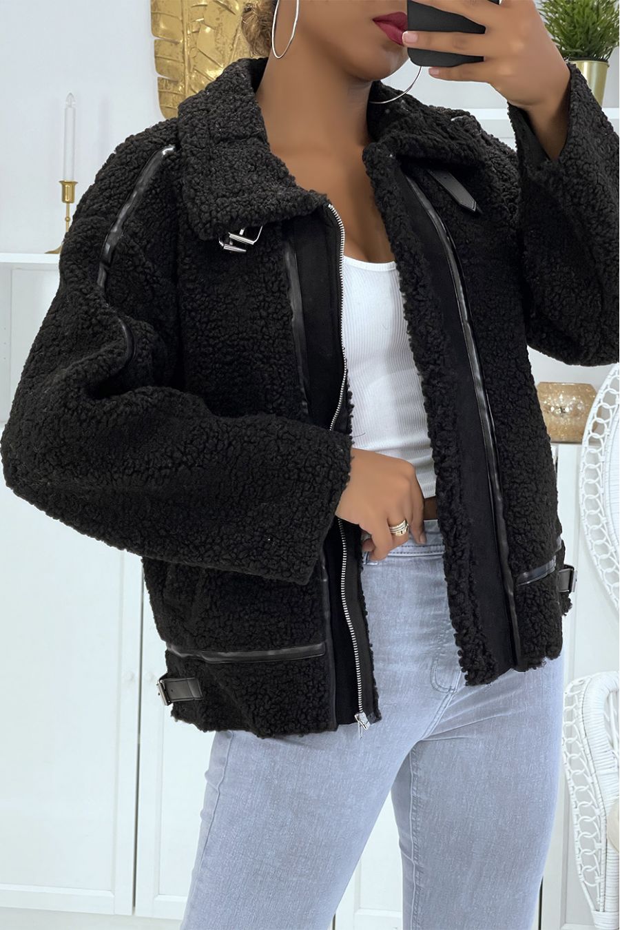 Manteaux noir style aviateur en moumoute avec jolies bandes simili cuir chaud et doux - 4