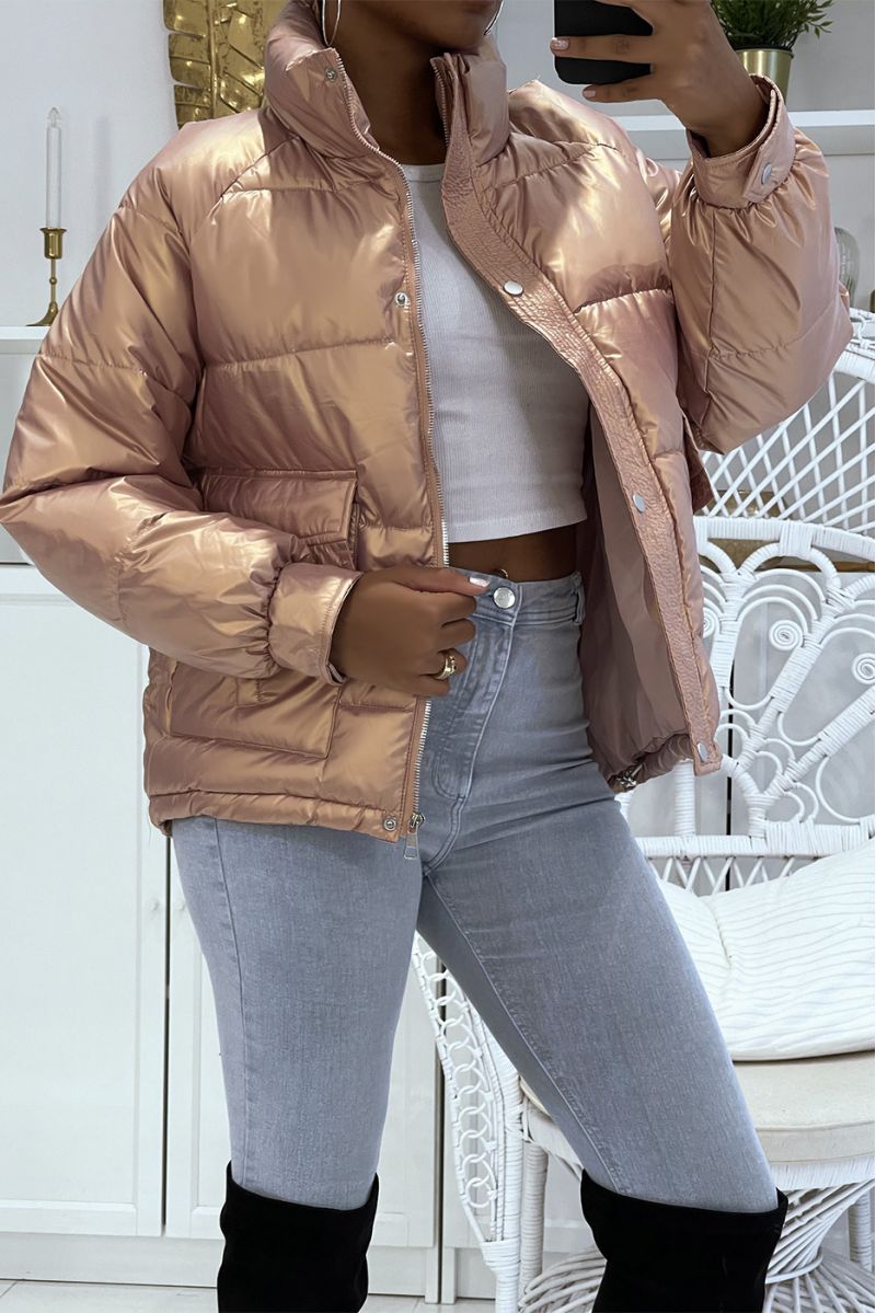 Mid-length pink puffer jacket with reflective effect, super trendy, light and comfortable - 6