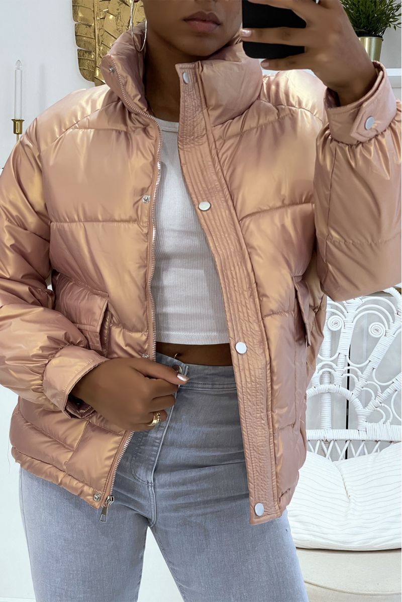Mid-length pink puffer jacket with reflective effect, super trendy, light and comfortable - 7