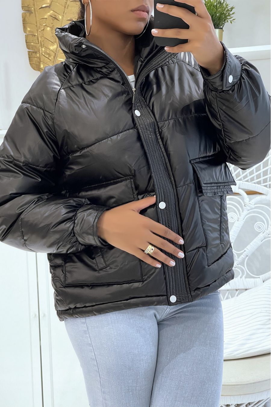 Mid-length black down jacket with reflective effect, super trendy, light and comfortable - 5