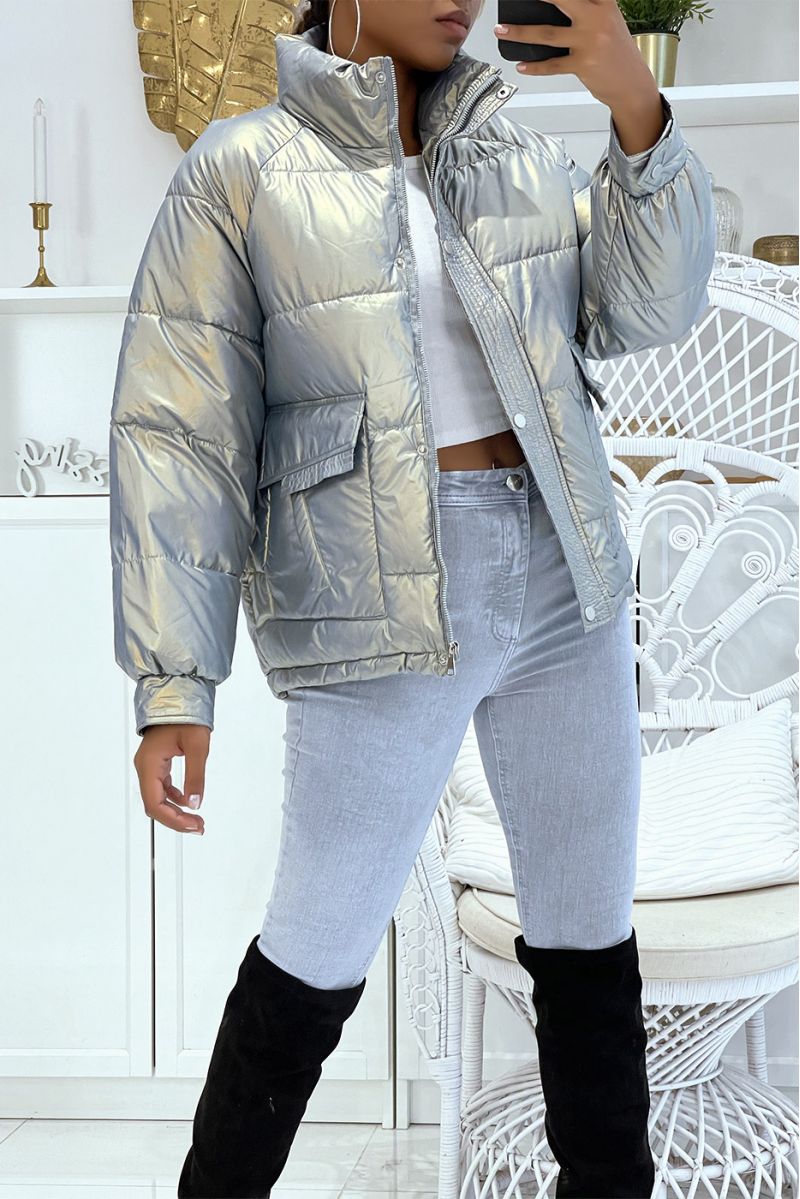 Mid-length gray puffer jacket with reflective effect, super trendy, light and comfortable - 1