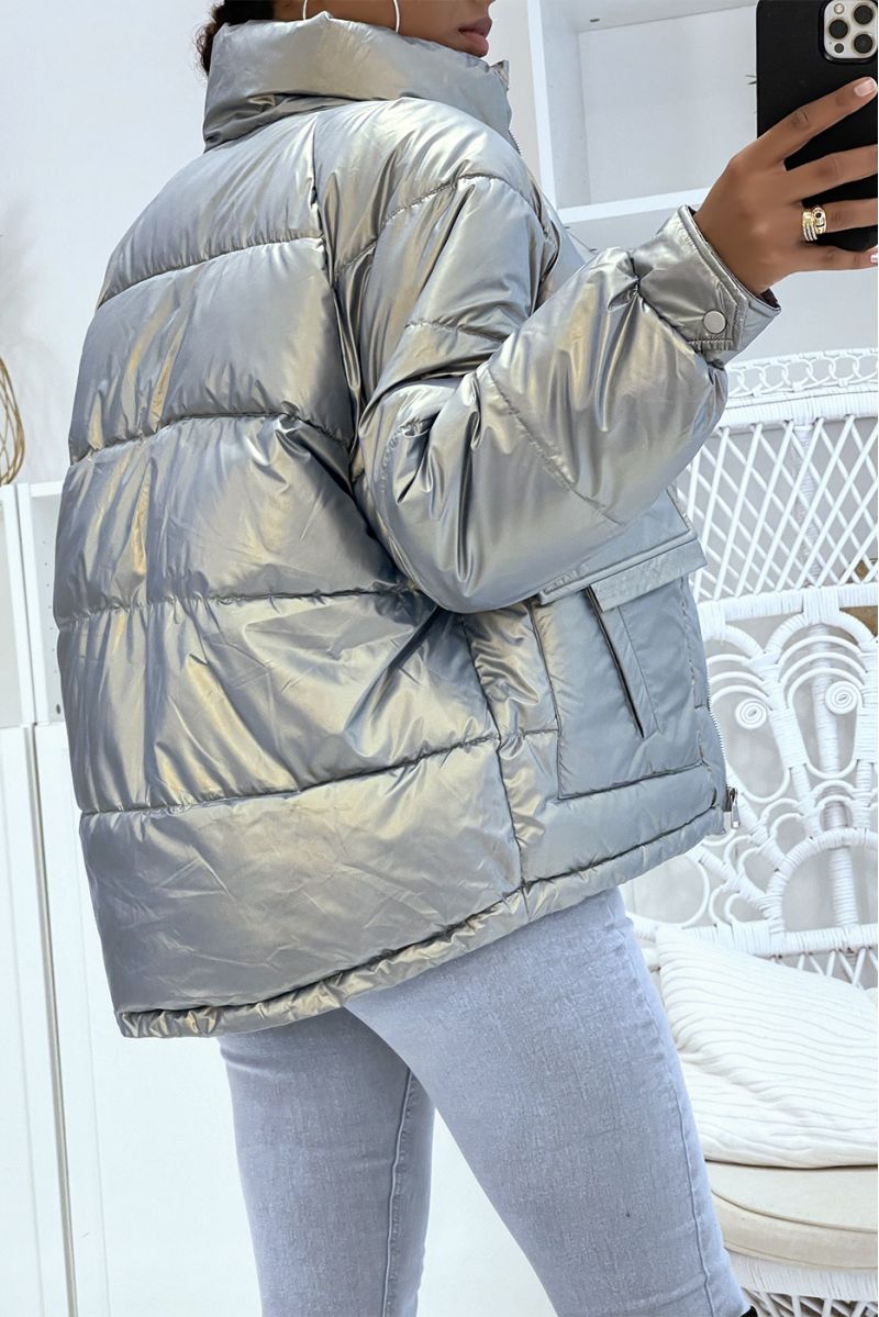 Mid-length gray puffer jacket with reflective effect, super trendy, light and comfortable - 3