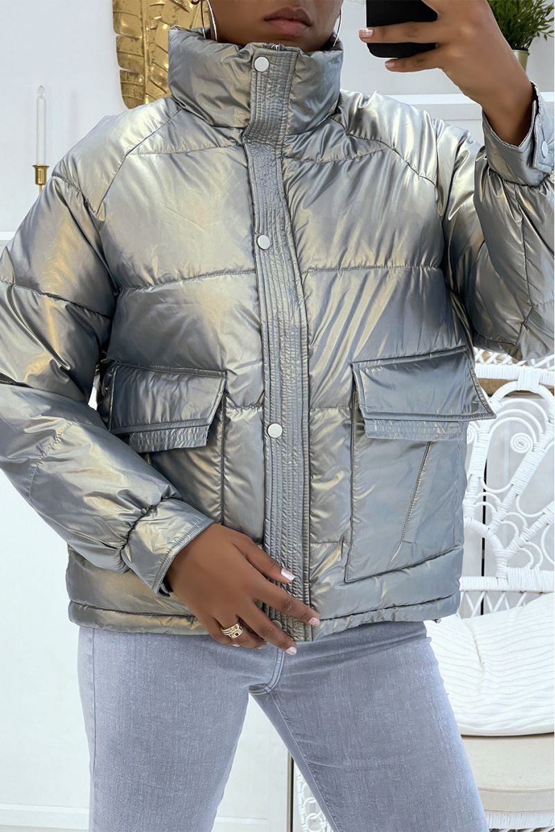 Mid-length gray puffer jacket with reflective effect, super trendy, light and comfortable - 4