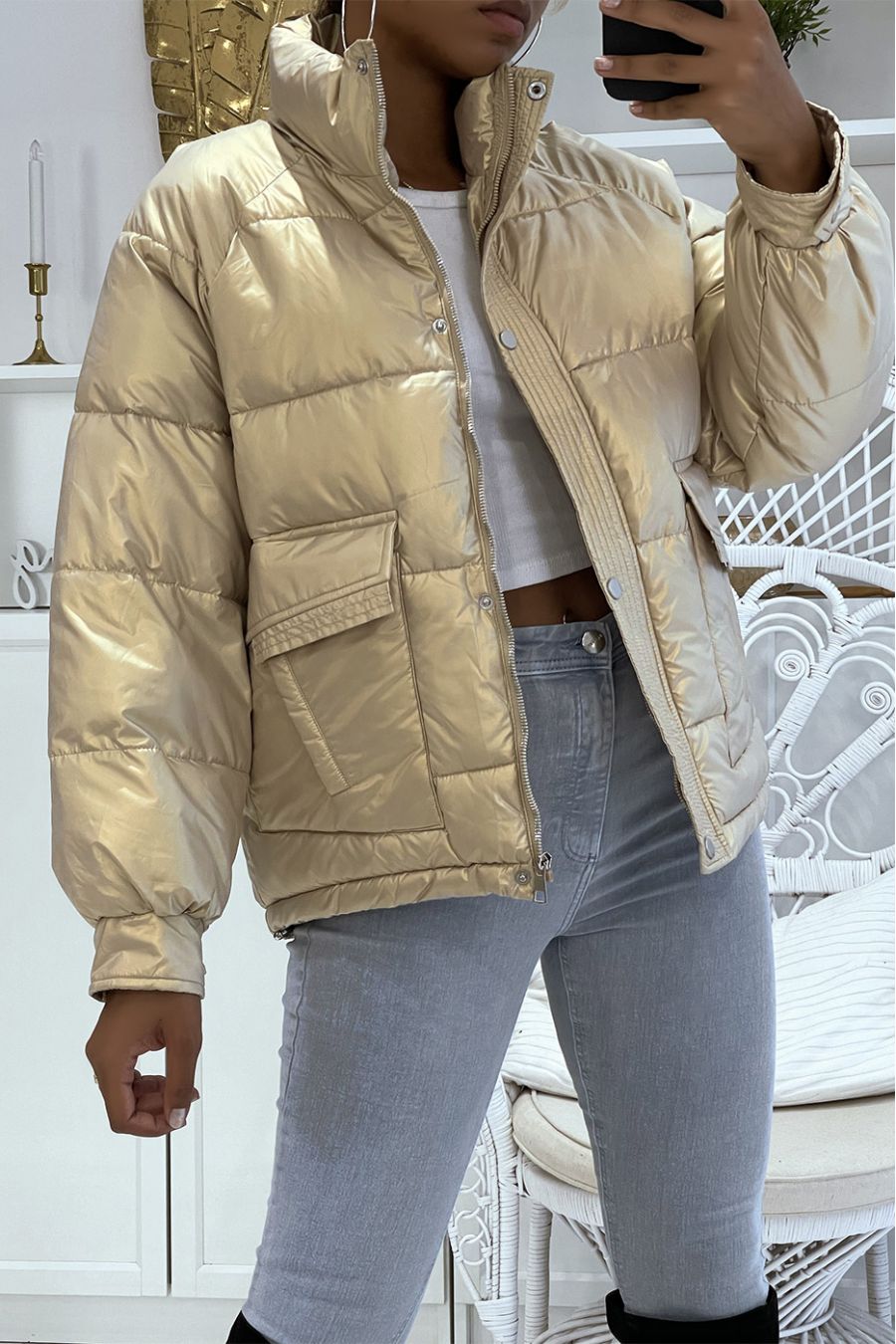 Halflang gouden donsjack met reflecterend effect, super trendy, licht en comfortabel - 1