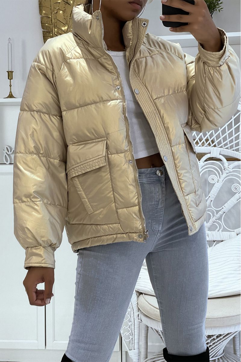 Mid-length golden down jacket with reflective effect, super trendy, light and comfortable - 1