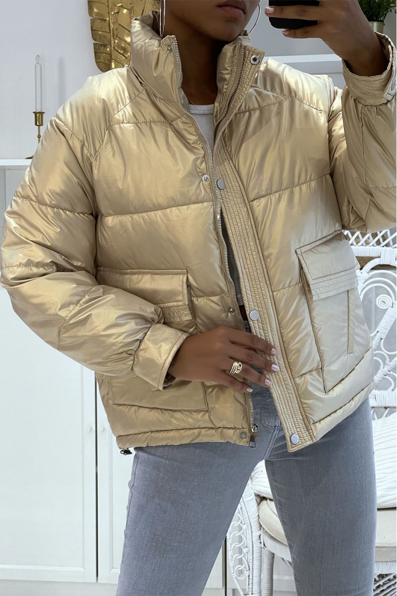 Mid-length golden down jacket with reflective effect, super trendy, light and comfortable - 2
