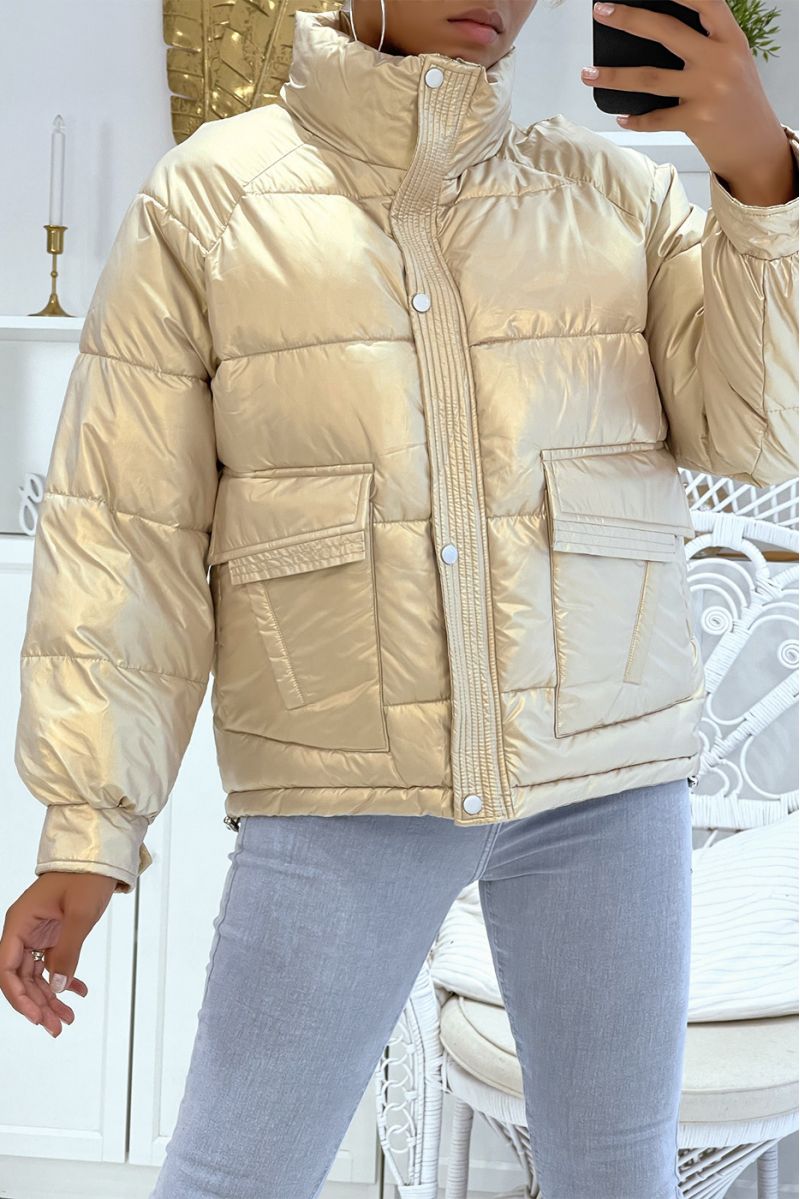Mid-length golden down jacket with reflective effect, super trendy, light and comfortable - 4