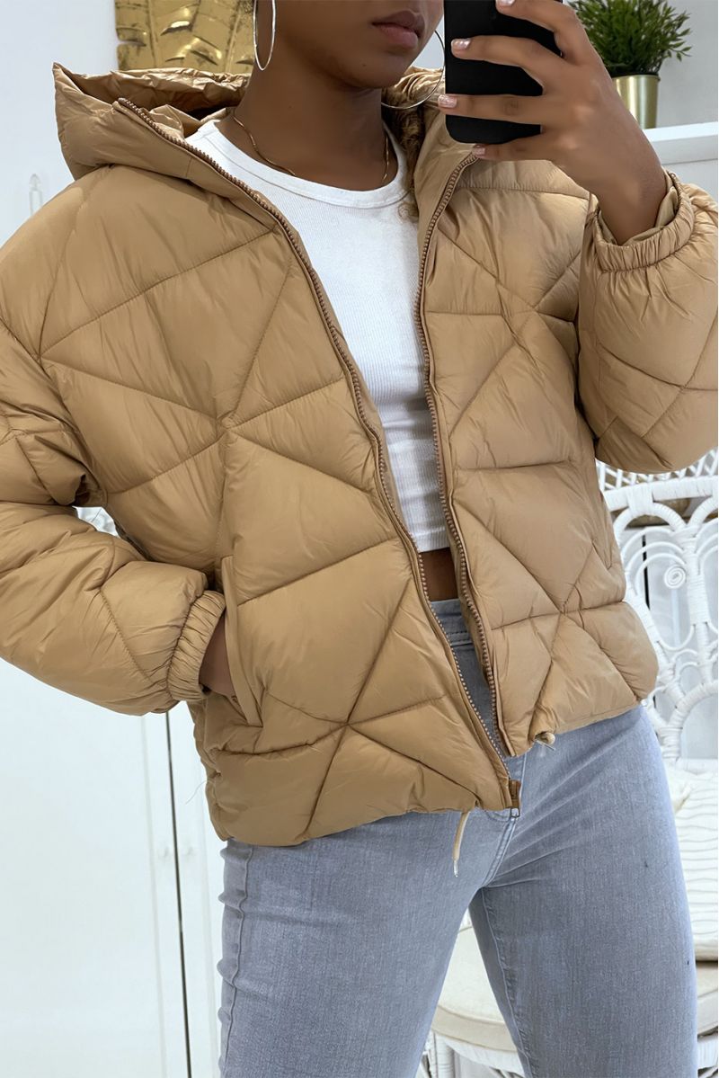 Taupe down jacket with hood in triangular relief, light and warm, essential for winter - 2