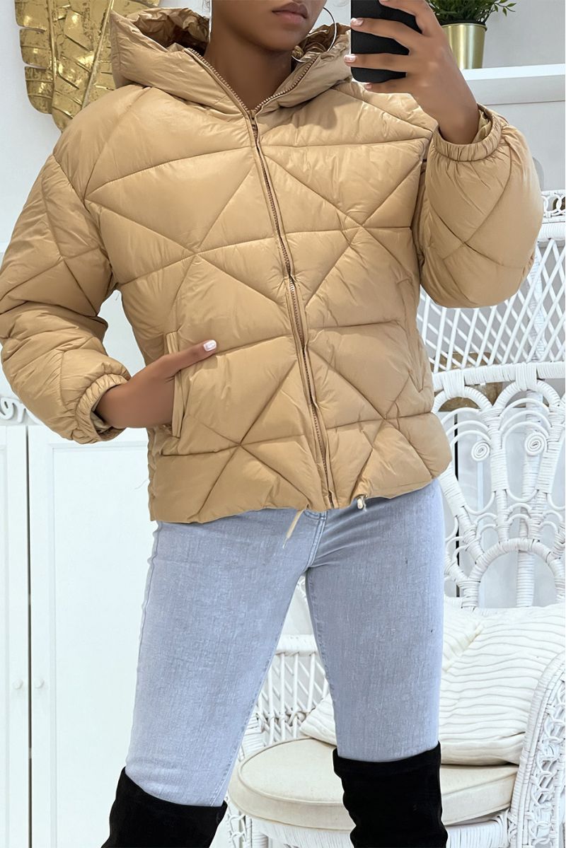 Taupe down jacket with hood in triangular relief, light and warm, essential for winter - 4