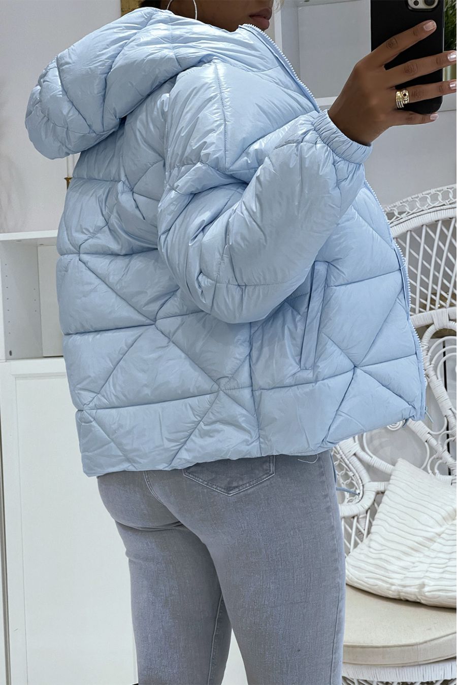 Turquoise puffer jacket with hood in triangular relief, light and warm, essential for winter - 2
