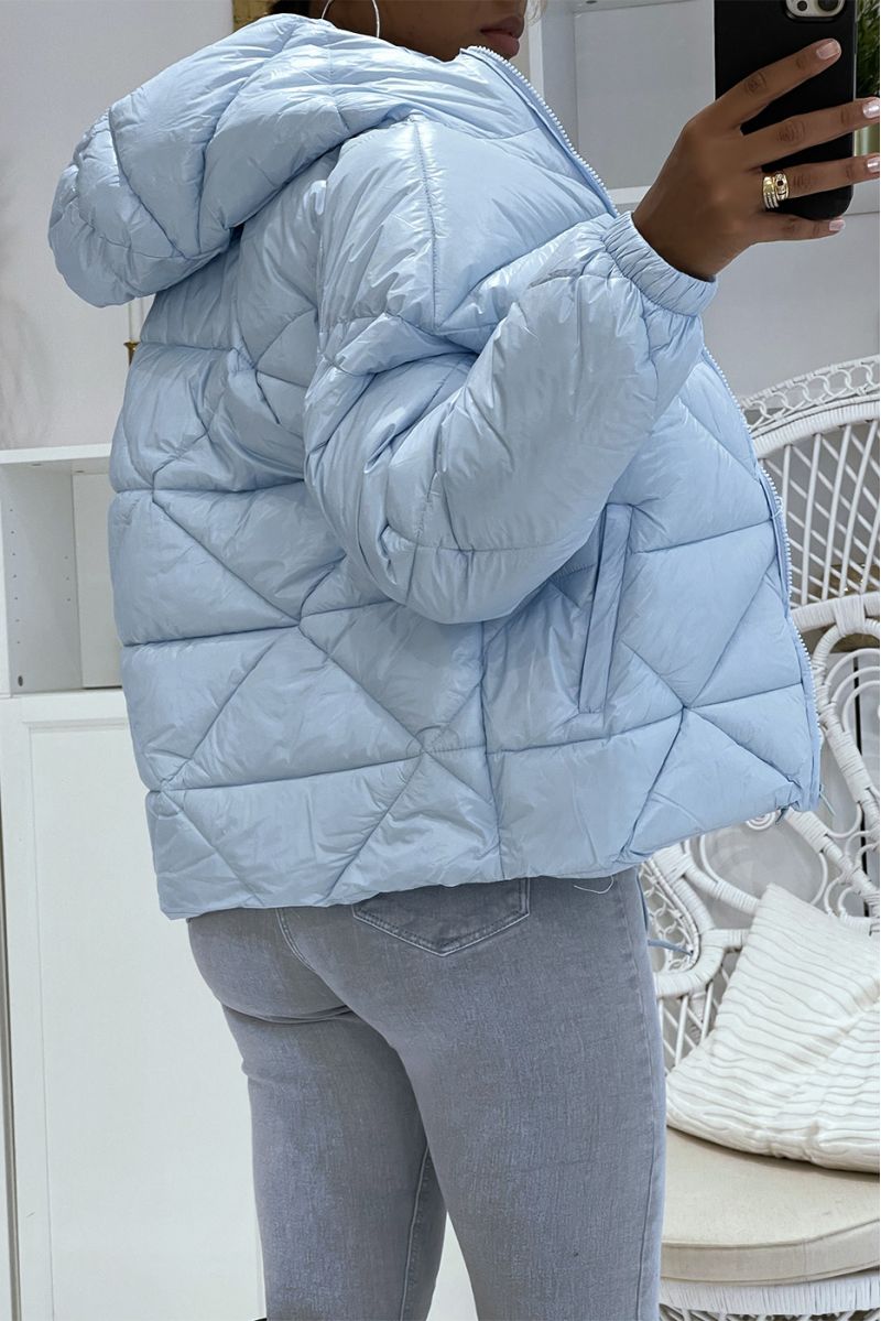 Turquoise puffer jacket with hood in triangular relief, light and warm, essential for winter - 2
