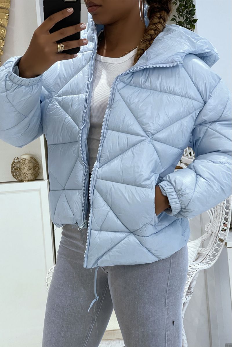 Turquoise puffer jacket with hood in triangular relief, light and warm, essential for winter - 3