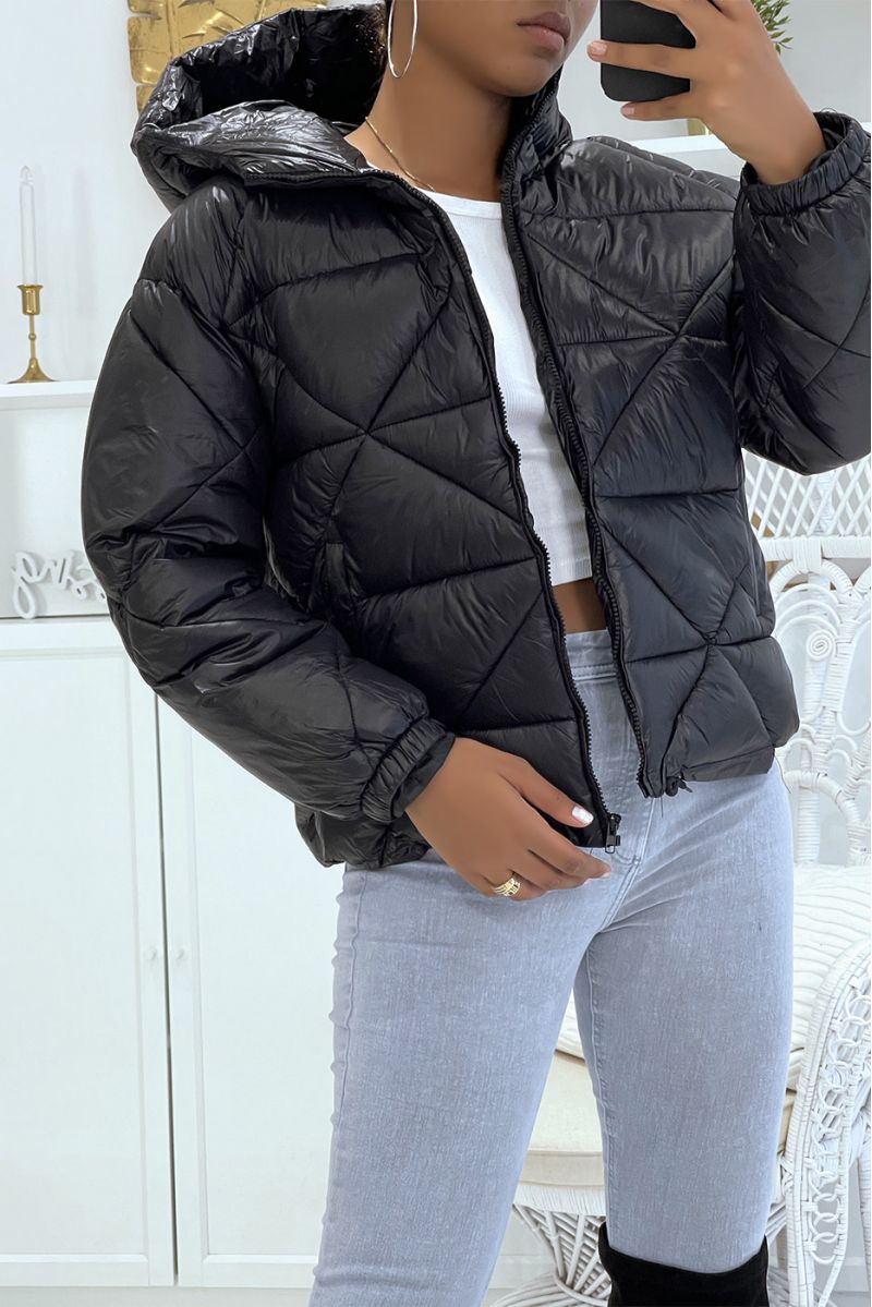 Black puffer jacket with hood in triangular relief, light and warm, essential for winter - 1