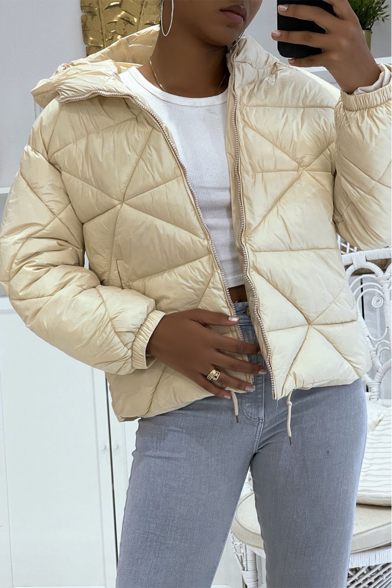 Beige puffer jacket with hood in triangular relief, light and warm, essential for winter - 2