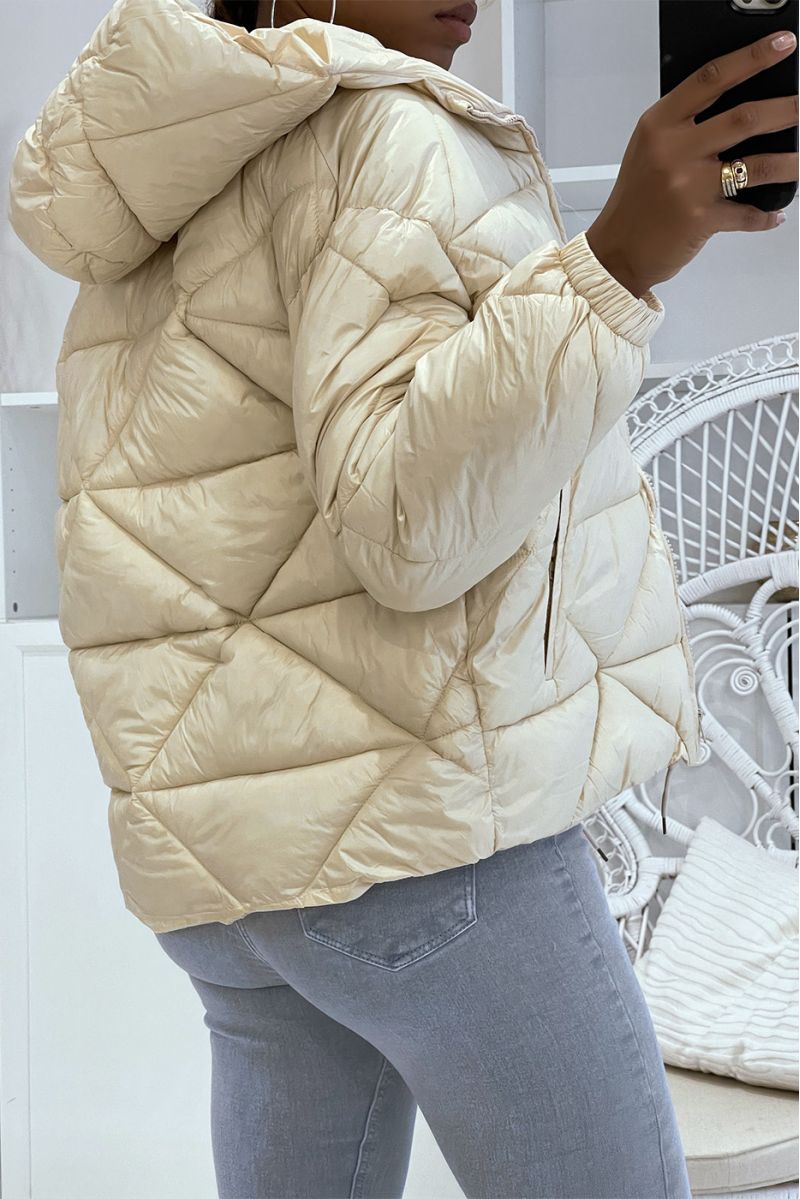 Beige puffer jacket with hood in triangular relief, light and warm, essential for winter - 3