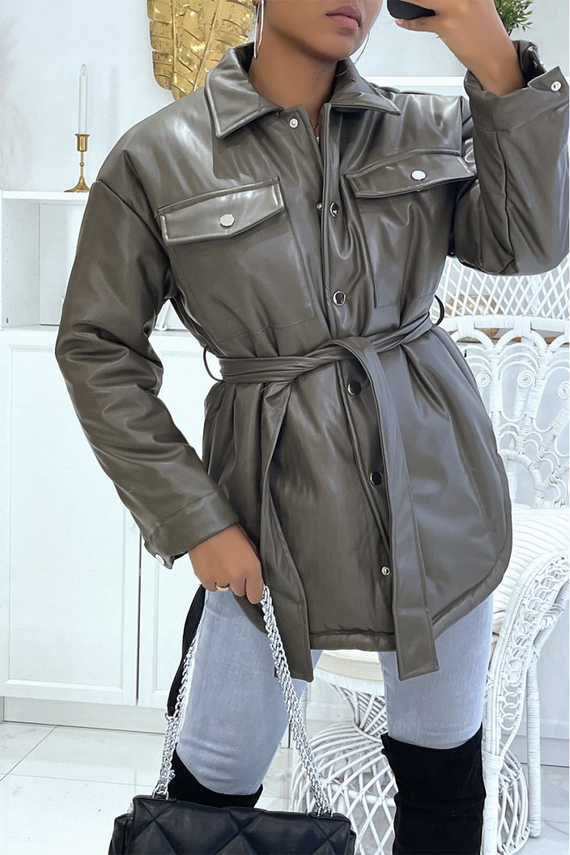 Mid-length asymmetric faux leather khaki coat with belt at the waist - 2