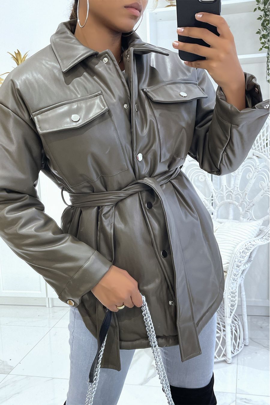 Mid-length asymmetric faux leather khaki coat with belt at the waist - 4