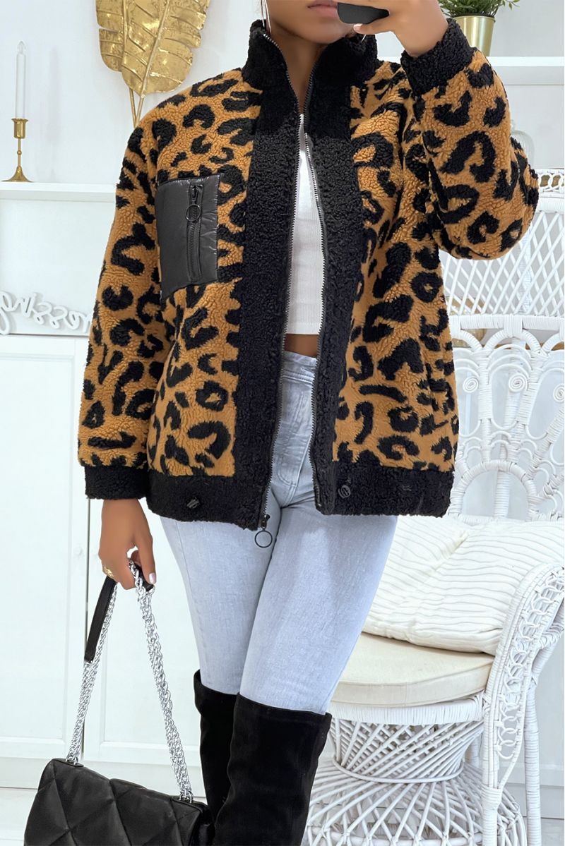 Zwarte oversized pluizige jas met grote luipaardprint en kunstleren zak - 2