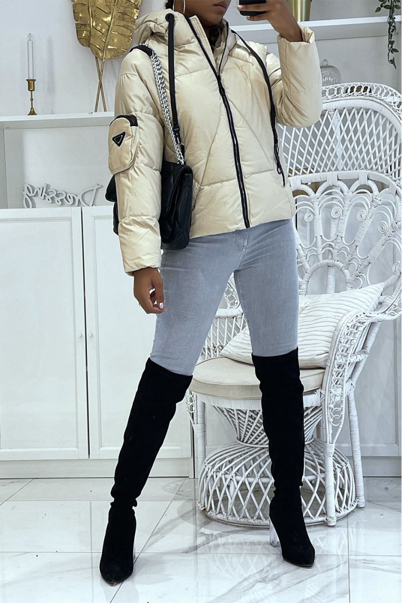 Sublime beige thick faux leather down jacket inspired by luxury with pockets and hood - 1
