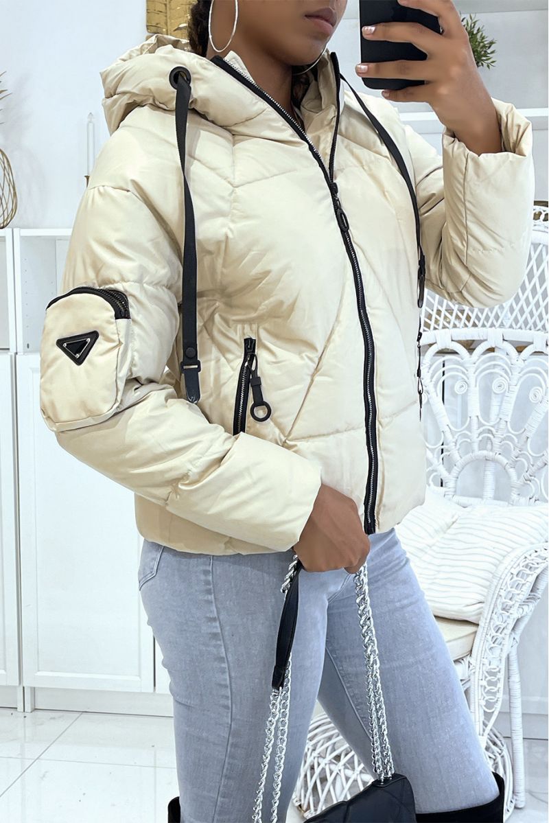 Sublime beige thick faux leather down jacket inspired by luxury with pockets and hood - 3