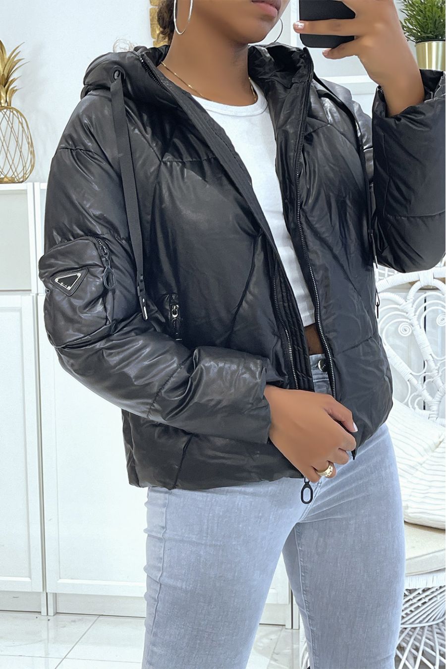 Sublime doudoune noire épaisse simili cuir inspi luxe à poches et capuche - 1