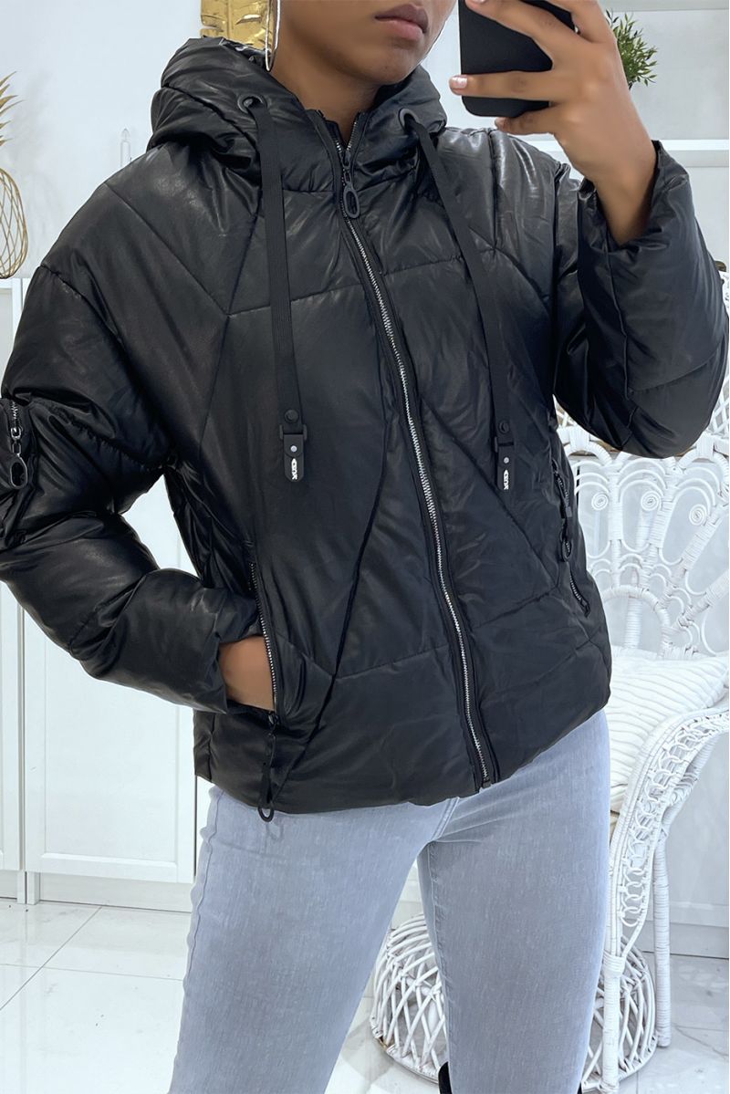 Sublime doudoune noire épaisse simili cuir inspi luxe à poches et capuche - 4