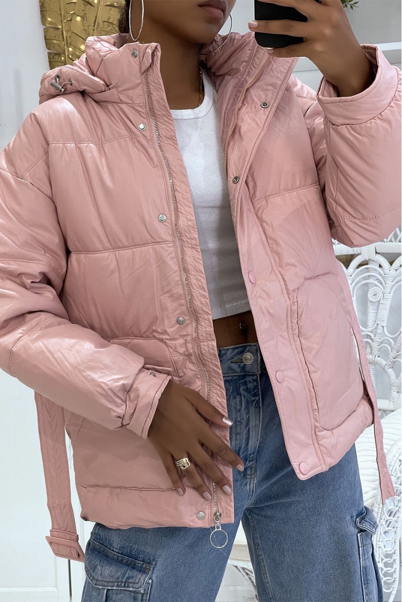 Chunky pink down jacket with belt and shiny effect hood, warm and glamorous - 1