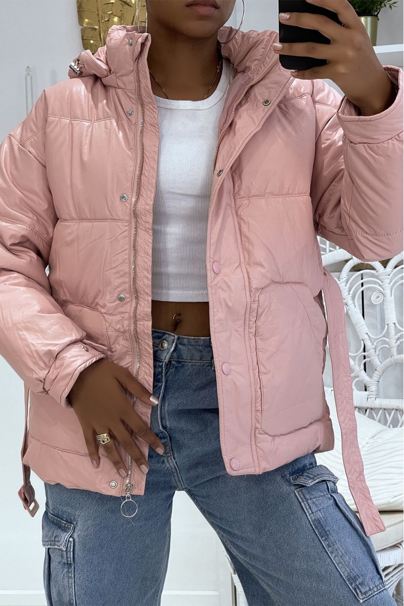 Chunky pink down jacket with belt and shiny effect hood, warm and glamorous - 2