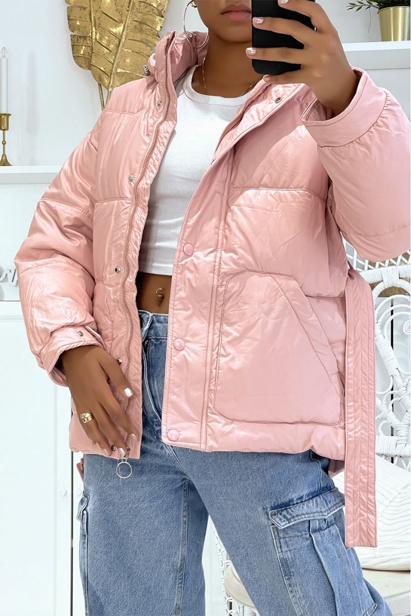 Chunky pink down jacket with belt and shiny effect hood, warm and glamorous - 3