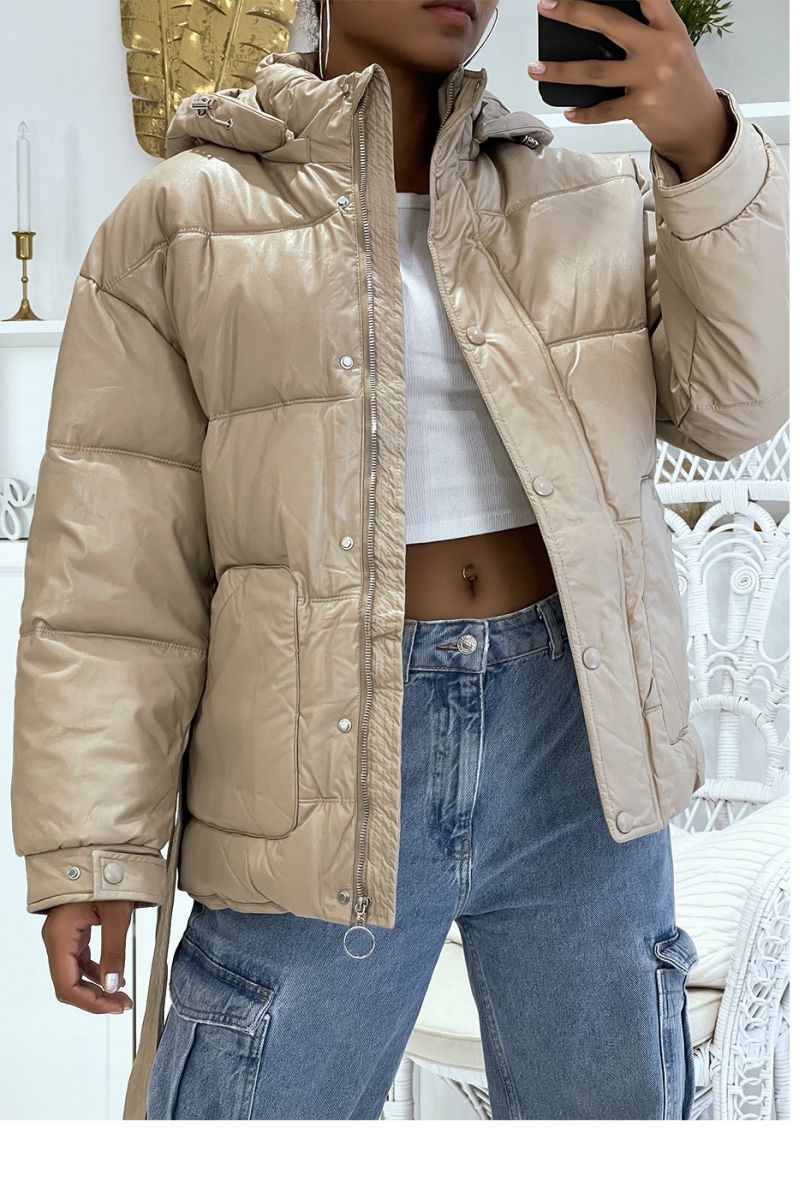 Large beige puffer jacket with belt and hood with shiny effect, warm and glamorous - 1