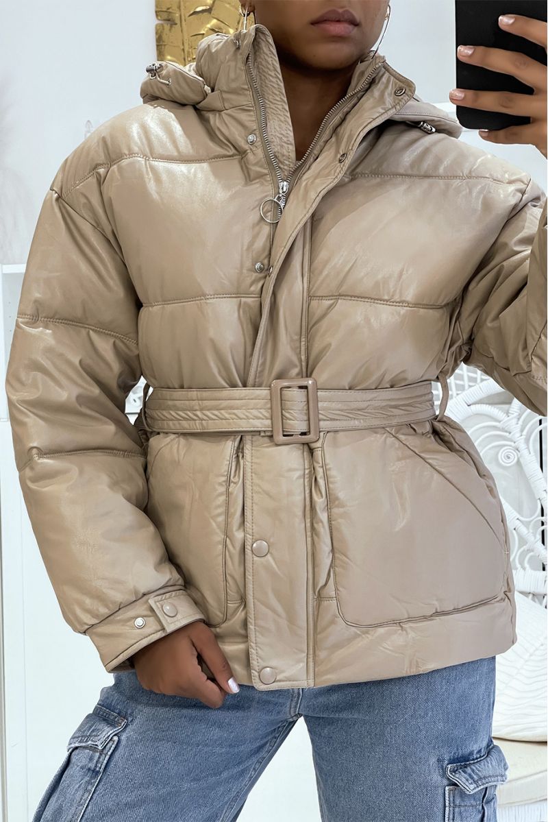 Large beige puffer jacket with belt and hood with shiny effect, warm and glamorous - 2
