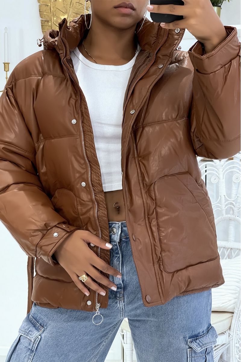 Big brown puffer jacket with belt and hood with shiny effect, warm and glamorous - 1