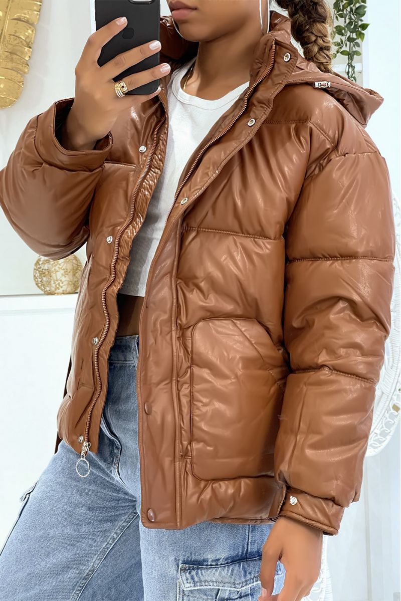 Big brown puffer jacket with belt and hood with shiny effect, warm and glamorous - 2