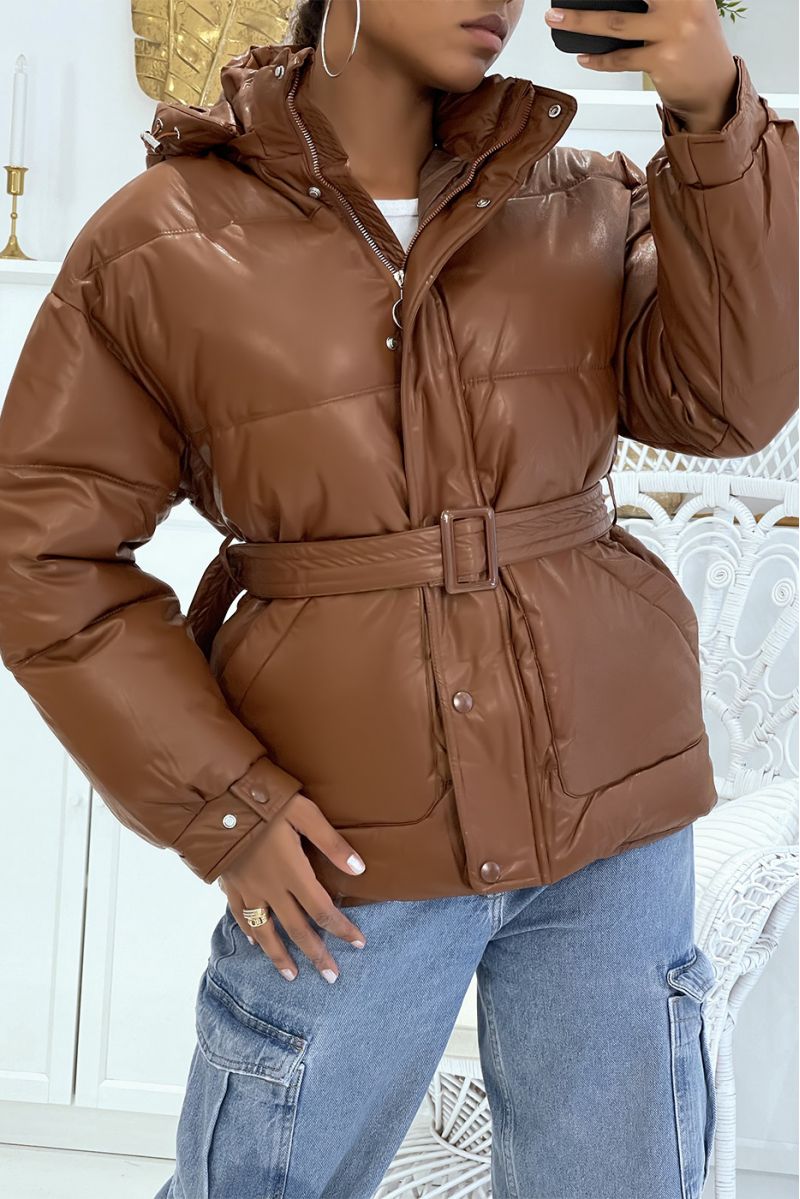 Big brown puffer jacket with belt and hood with shiny effect, warm and glamorous - 3
