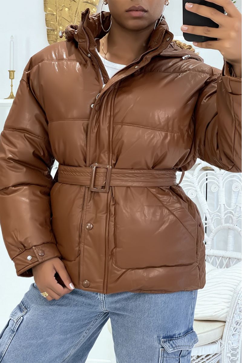 Big brown puffer jacket with belt and hood with shiny effect, warm and glamorous - 4