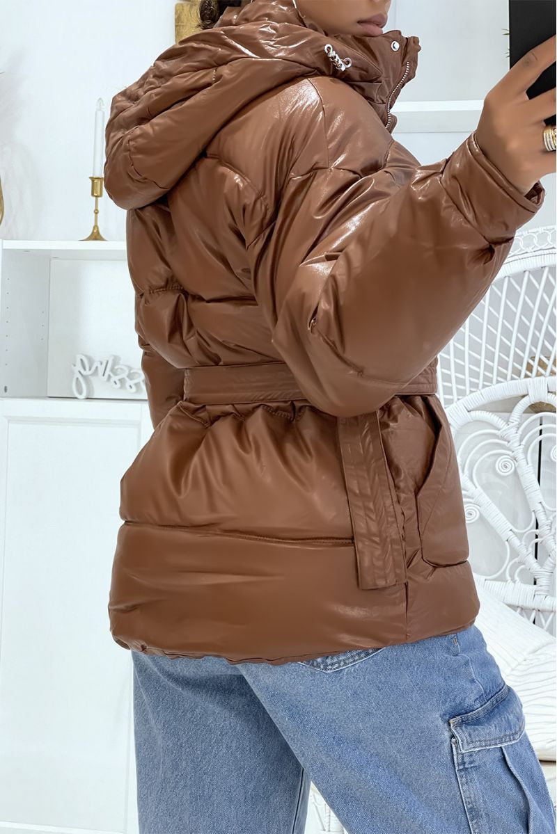 Big brown puffer jacket with belt and hood with shiny effect, warm and glamorous - 5