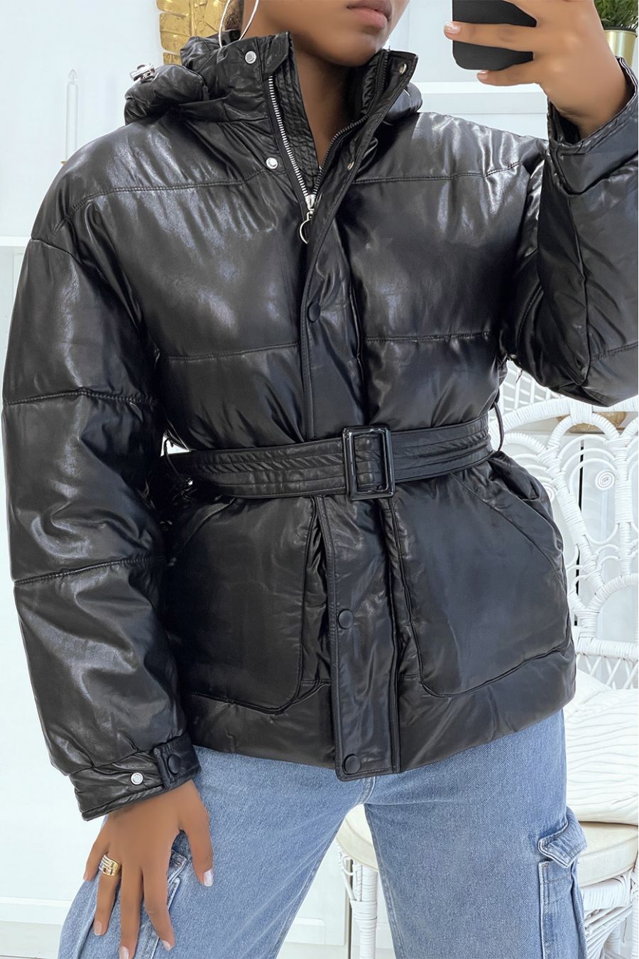 Chunky black down jacket with belt and shiny effect hood, warm and glamorous - 2