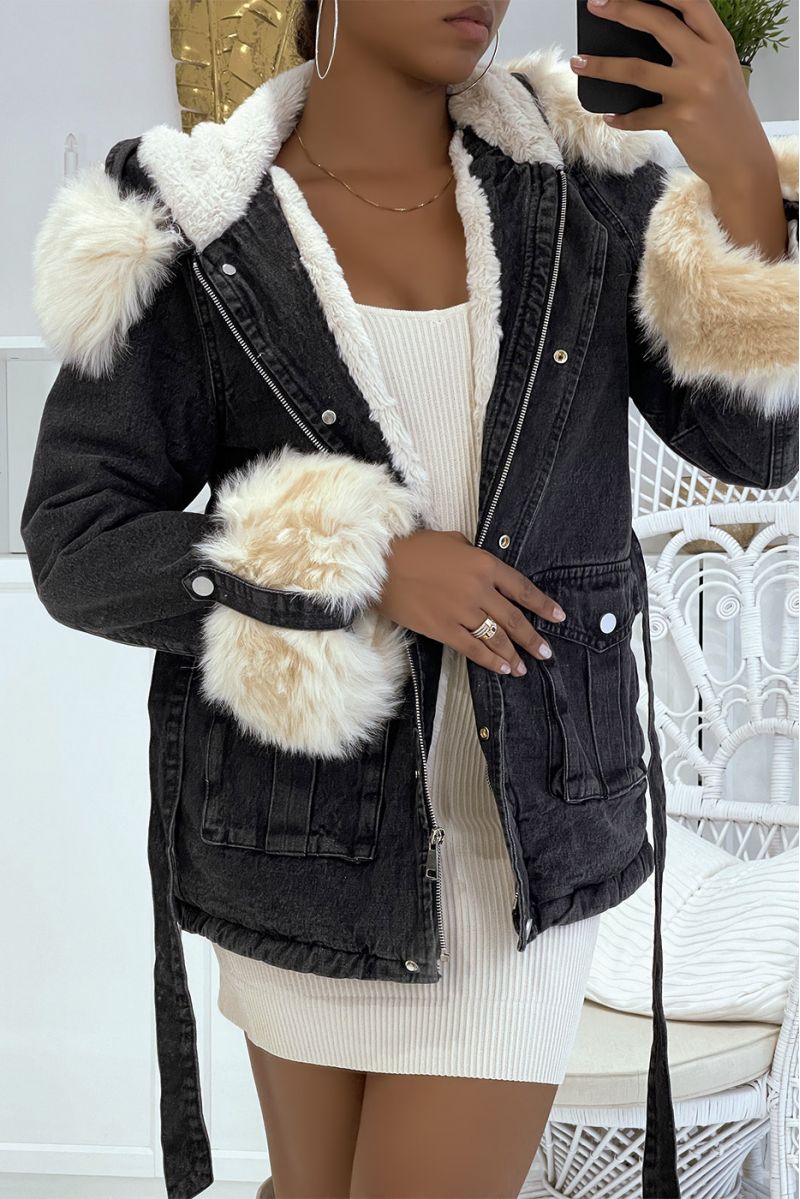 Black denim jacket and beige fur with waist belt hood and front pockets - 2