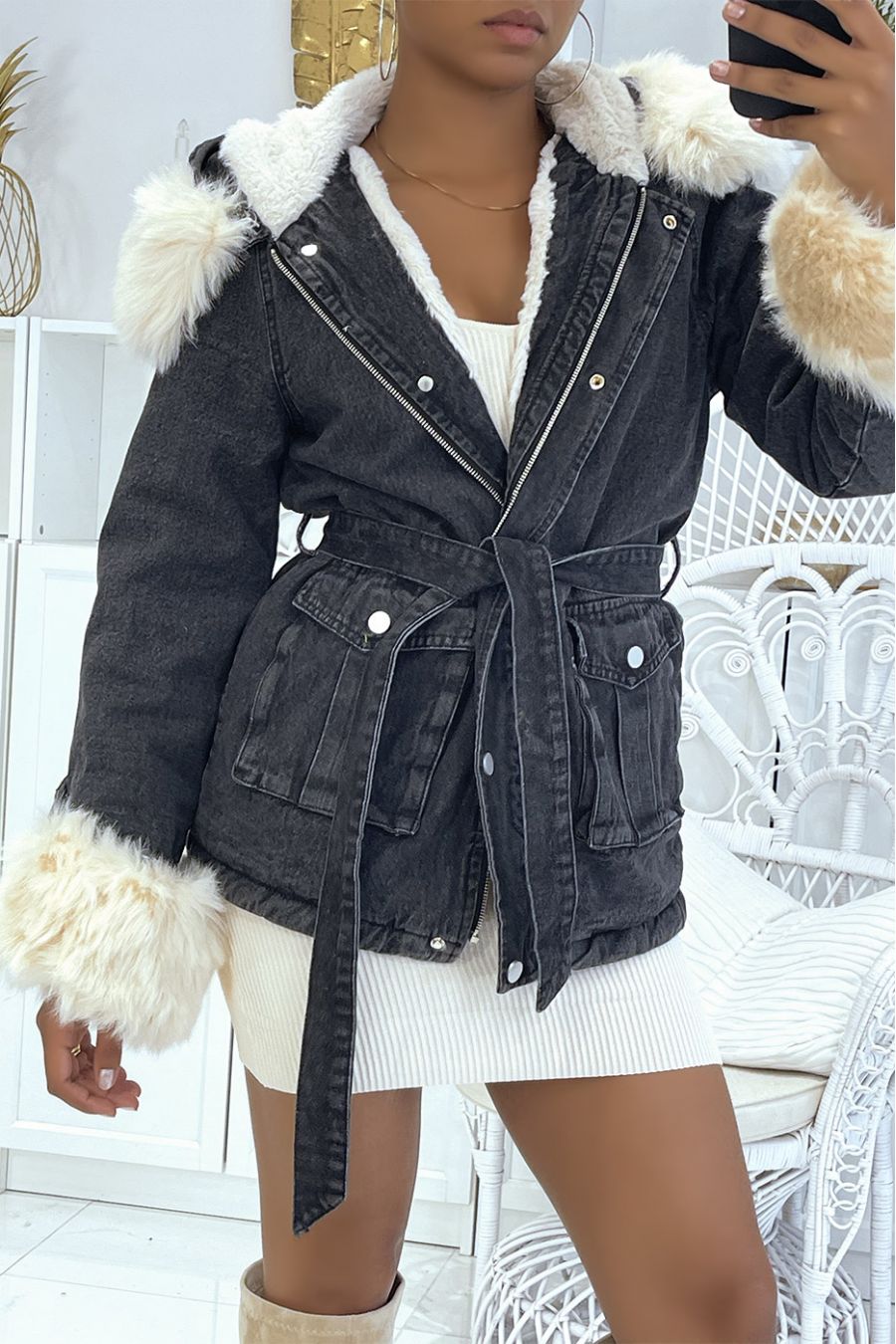 Black denim jacket and beige fur with waist belt hood and front pockets - 4