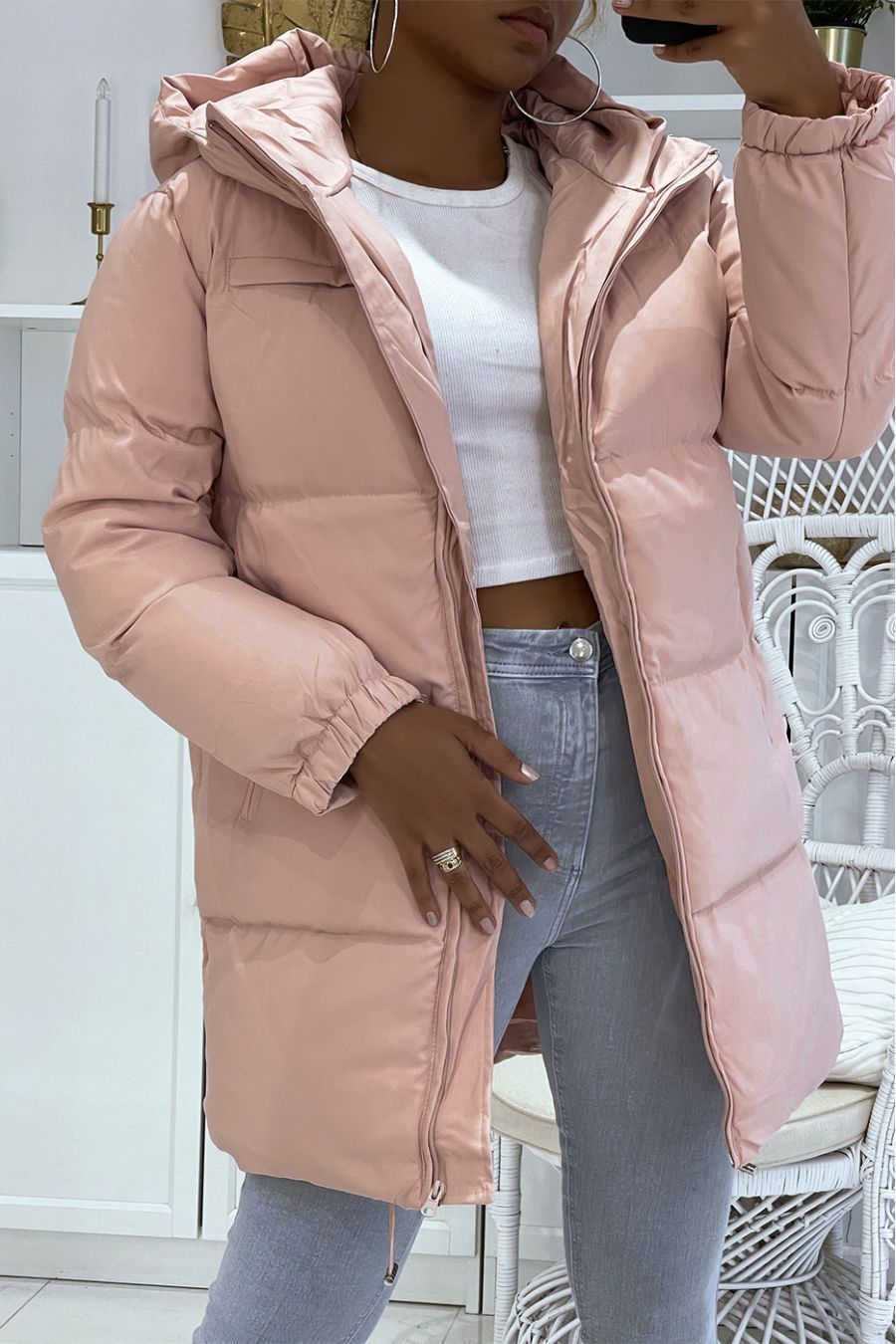 Matte pink 3/4 length down jacket with pockets and warm and trendy thick hood - 2