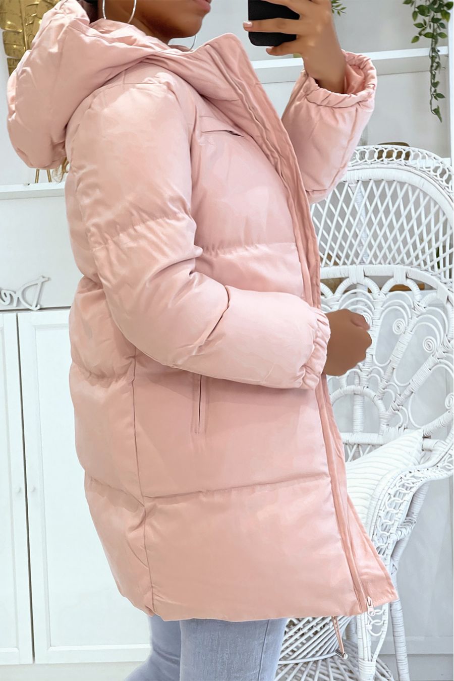 Doudoune rose matte longueur 3/4 à poches et capuche épaisse chaleureuse et tendance - 3