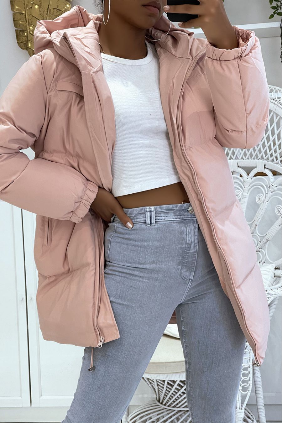 Doudoune rose matte longueur 3/4 à poches et capuche épaisse chaleureuse et tendance - 4