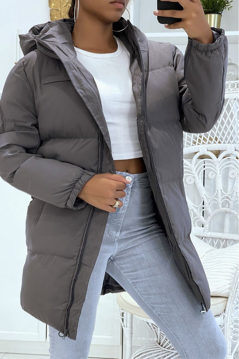 Doudoune noire matte longueur 3/4 à poches et capuche épaisse chaleureuse et tendance - 2