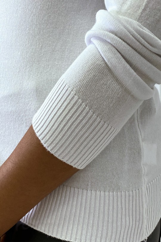 Pull blanc col rond en maille tricot très extensible et très doux - 1