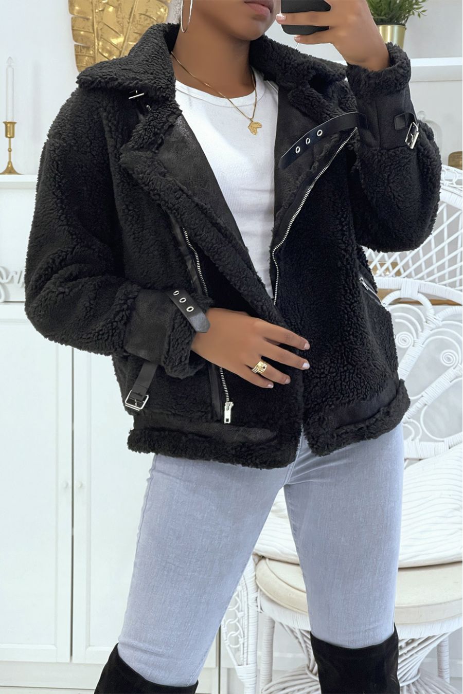 Black coats with fleece-effect lapels, high collar and leather-effect bands - 1