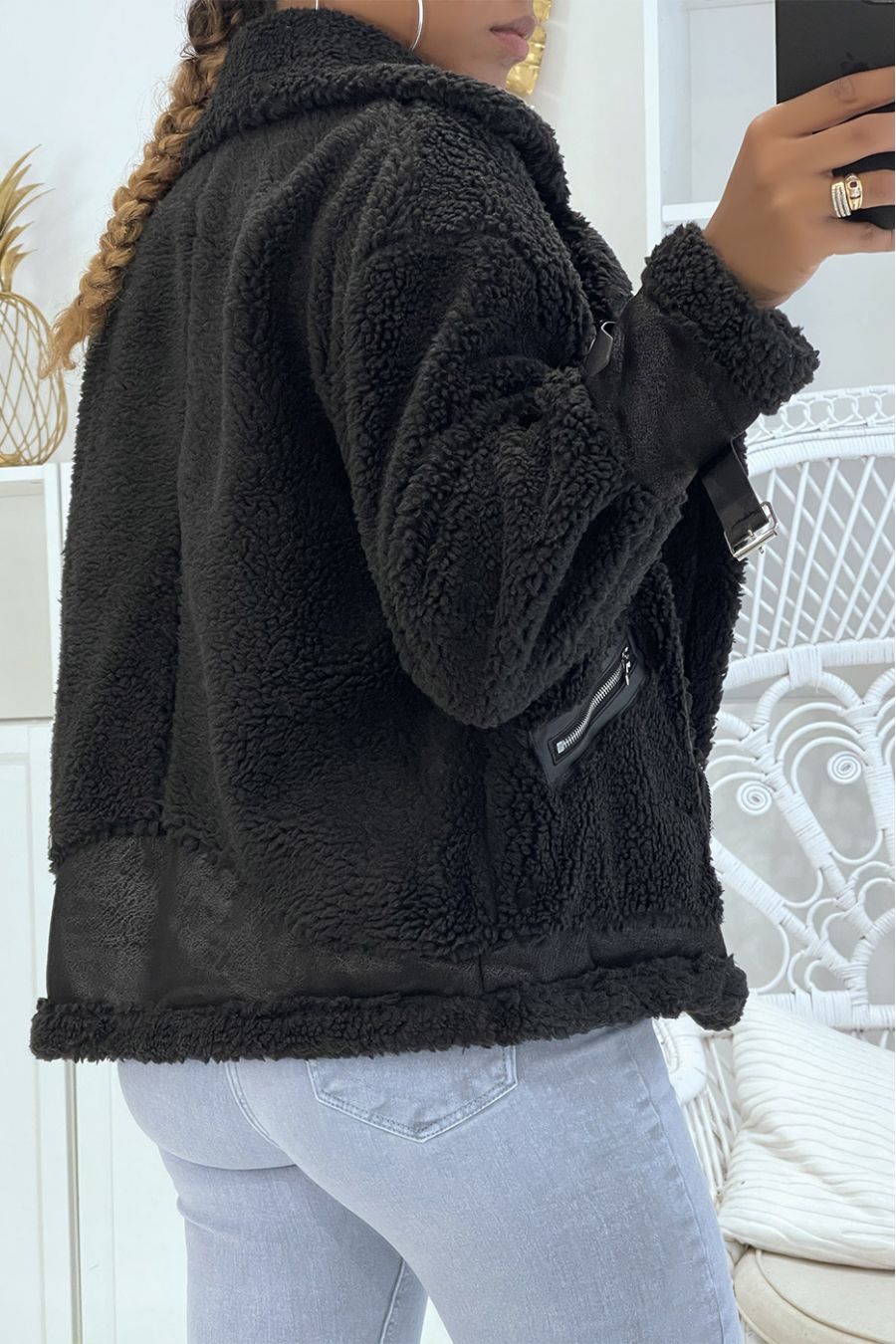 Zwarte jassen met revers met fleece-effect, hoge kraag en banden met leereffect - 3