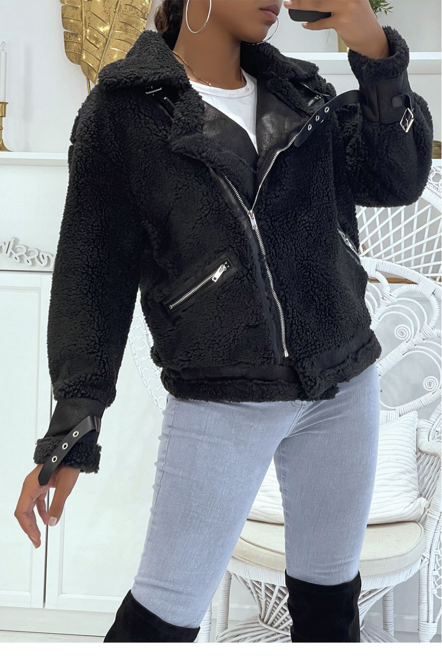 Black coats with fleece-effect lapels, high collar and leather-effect bands - 4