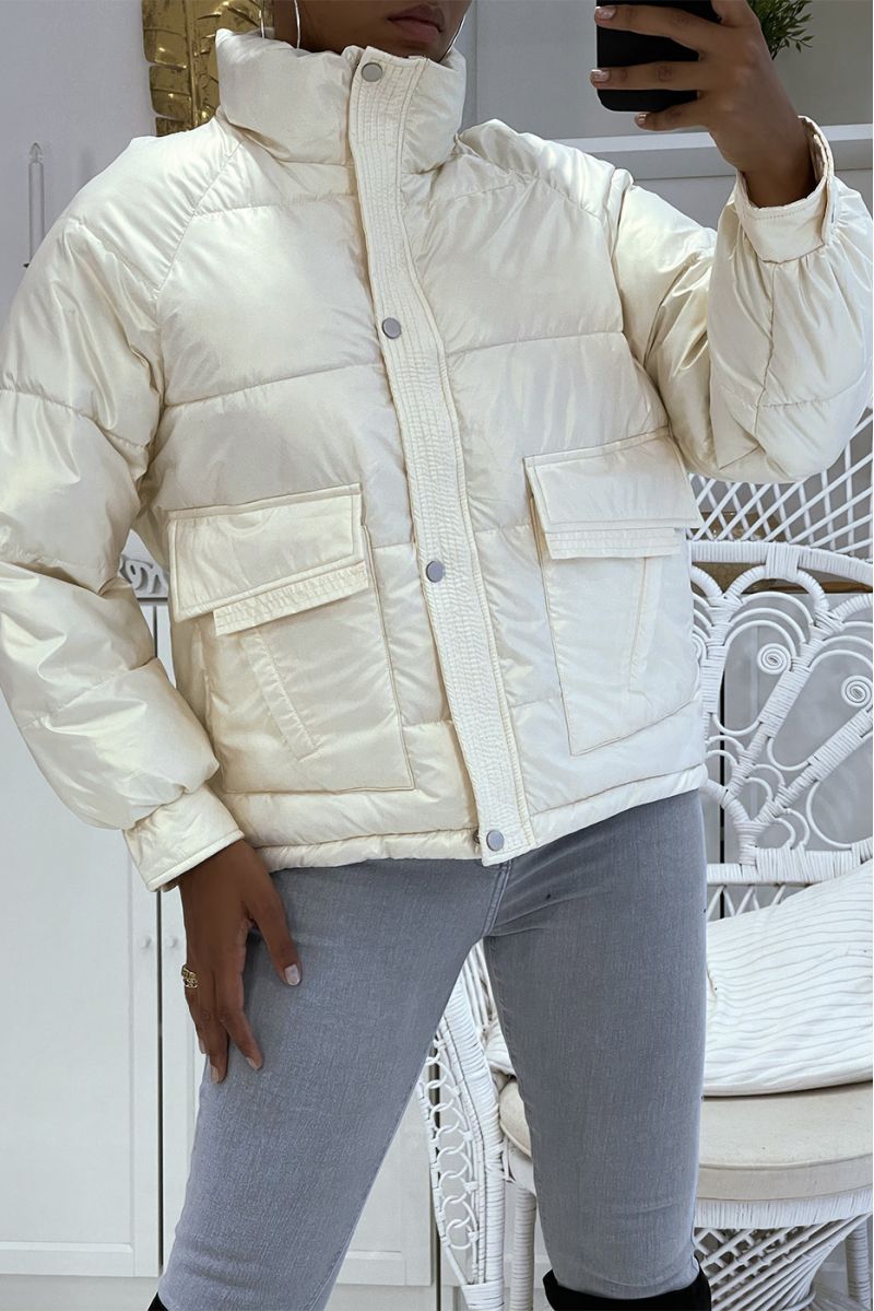 Mid-length white down jacket with reflective effect, super trendy, light and comfortable - 9