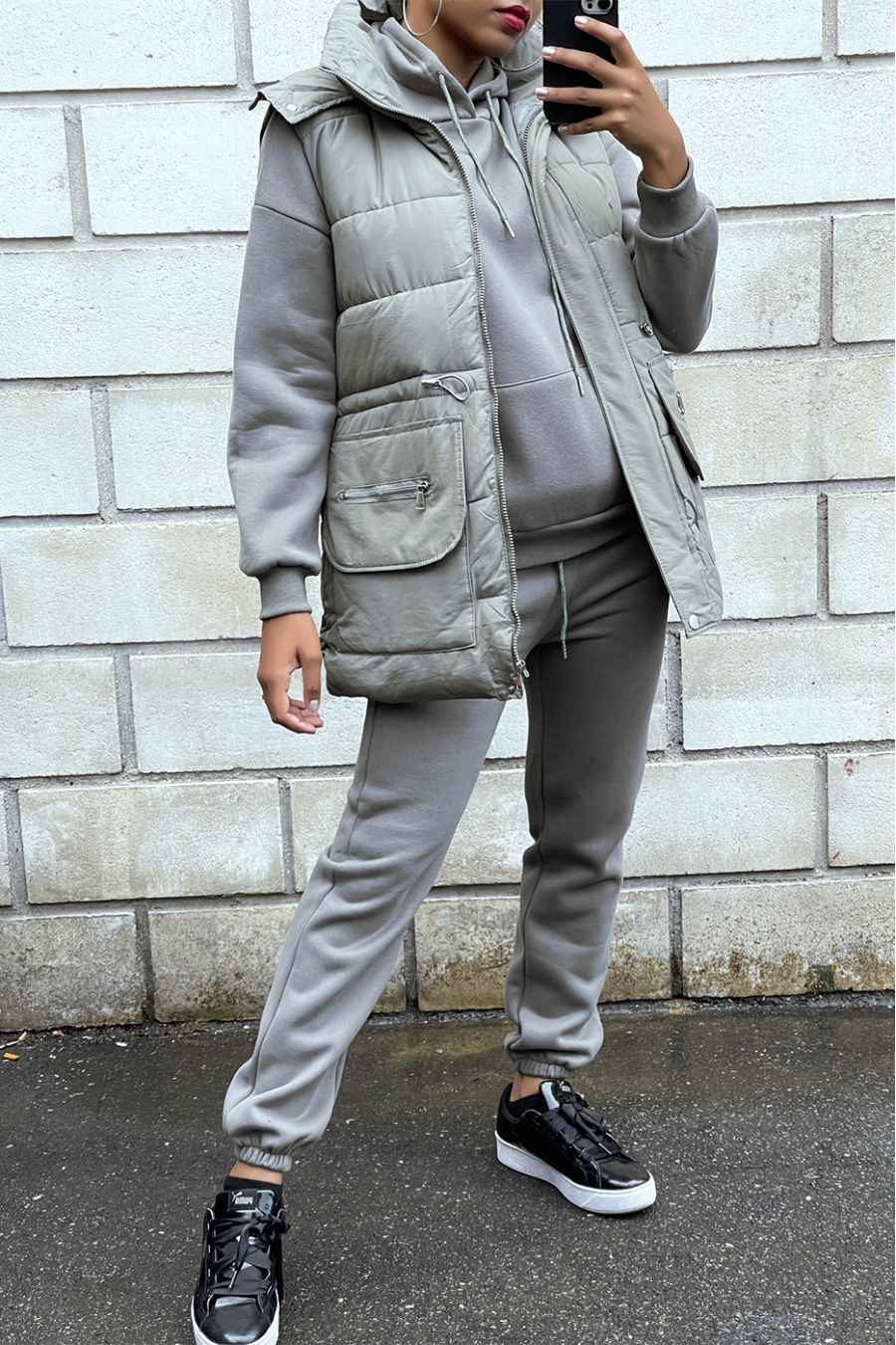 3-delig superdik donsjack, sweatshirt en joggingbroek in kaki - 1